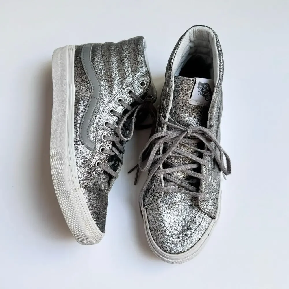 VANS Rare Metallic Silver Leather Upper SK8 High Top Slim Shoes M 5.5 - W 7 - Picture 1 of 10